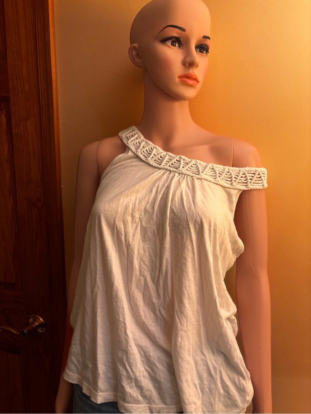 Women’s One-Shoulder White Crochet-Trim Tank Top